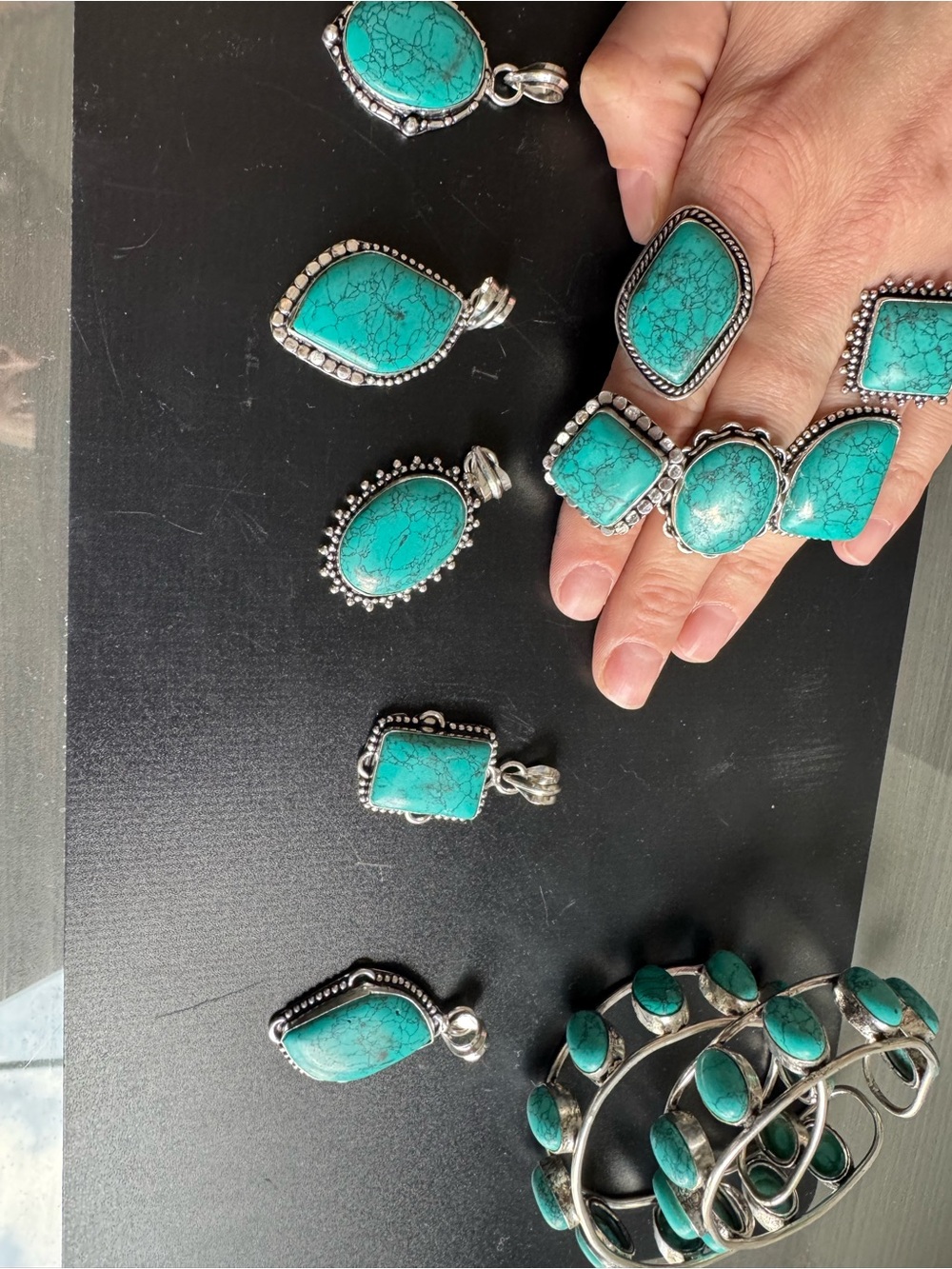 Reseller Bundle. 5- .925 stamped rings, 5-.925 turquoise colored pendant, and ba